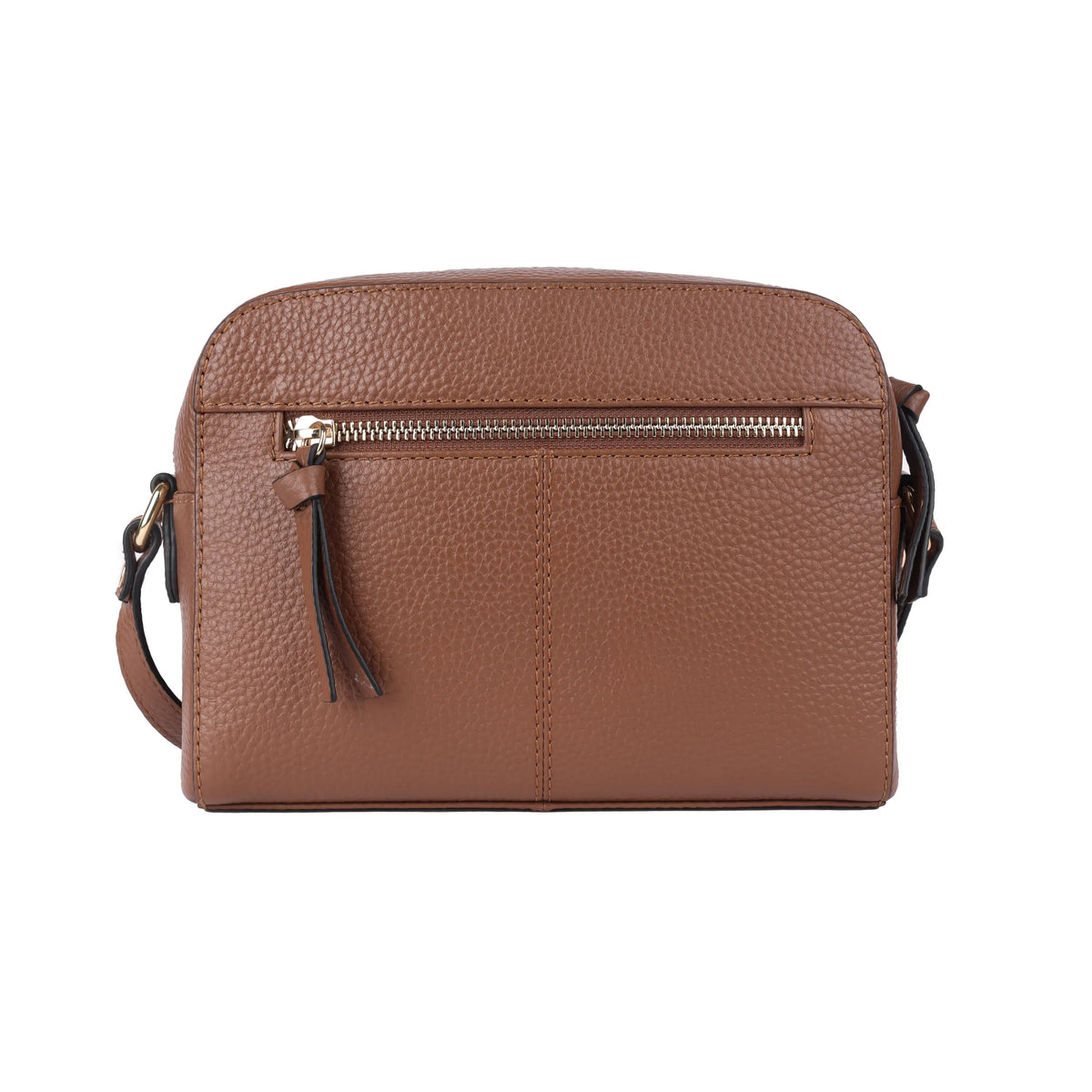 Back of the dark tan bag, showing the zip pocket across it