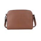 Dark tan cross body bag from the front, a curved top and long strap