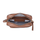 The dark tan bag unzipped from above, showing the striped lining and a stamped leather tab