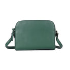 Green cross body bag from the front, a curved top and long strap