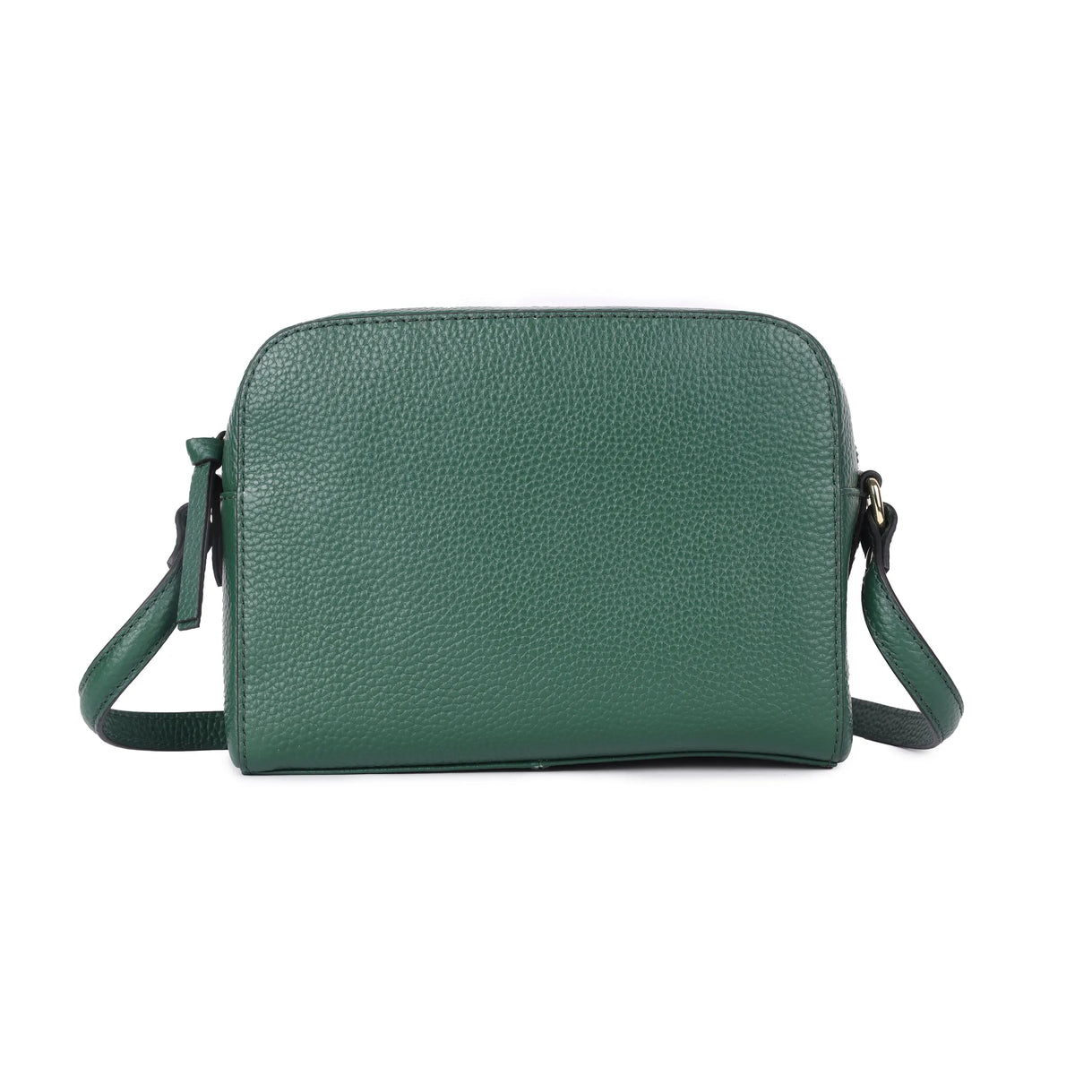 Green cross body bag from the front, a curved top and long strap