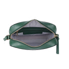 The green bag unzipped from above, showing the striped lining