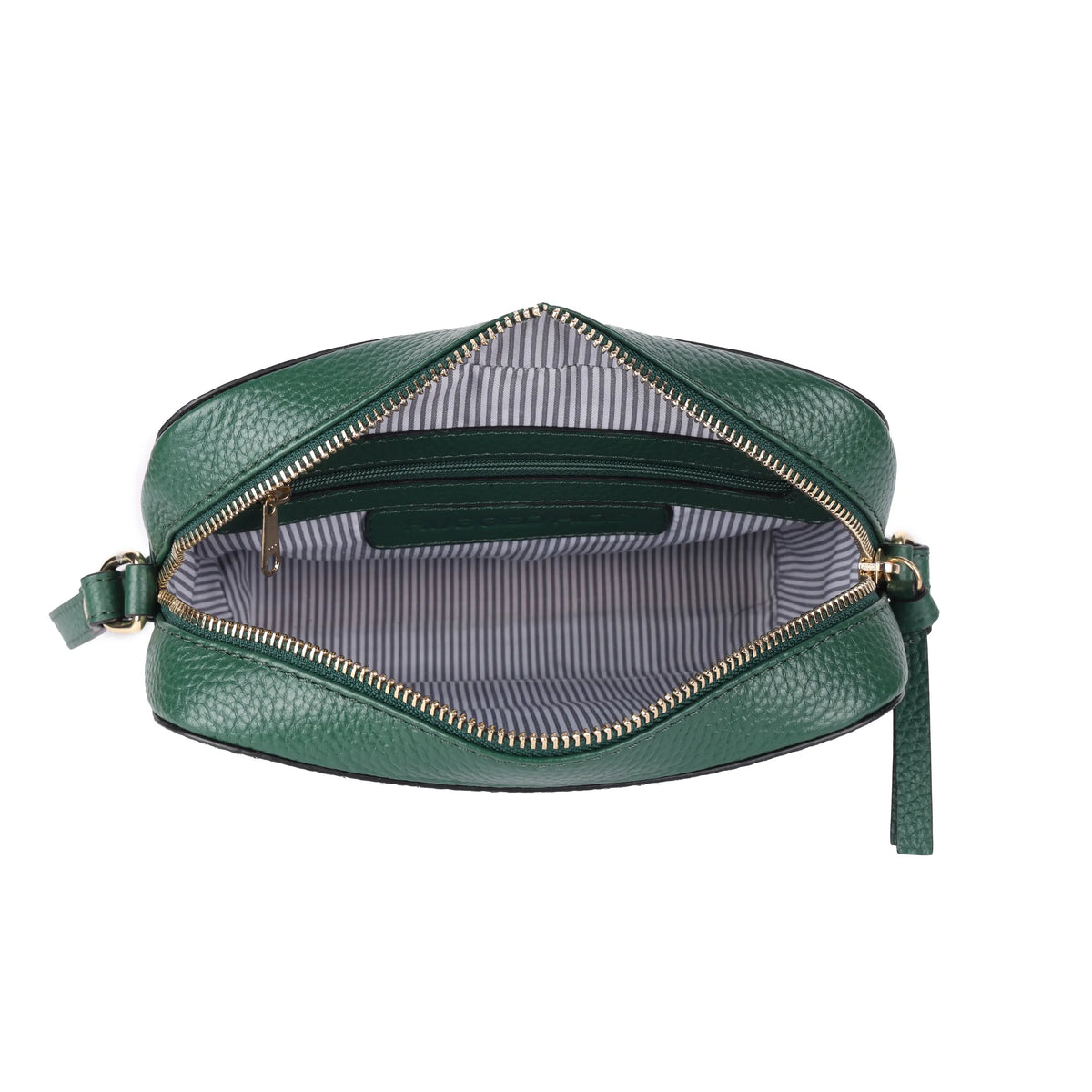 The green bag unzipped from above, showing the striped lining