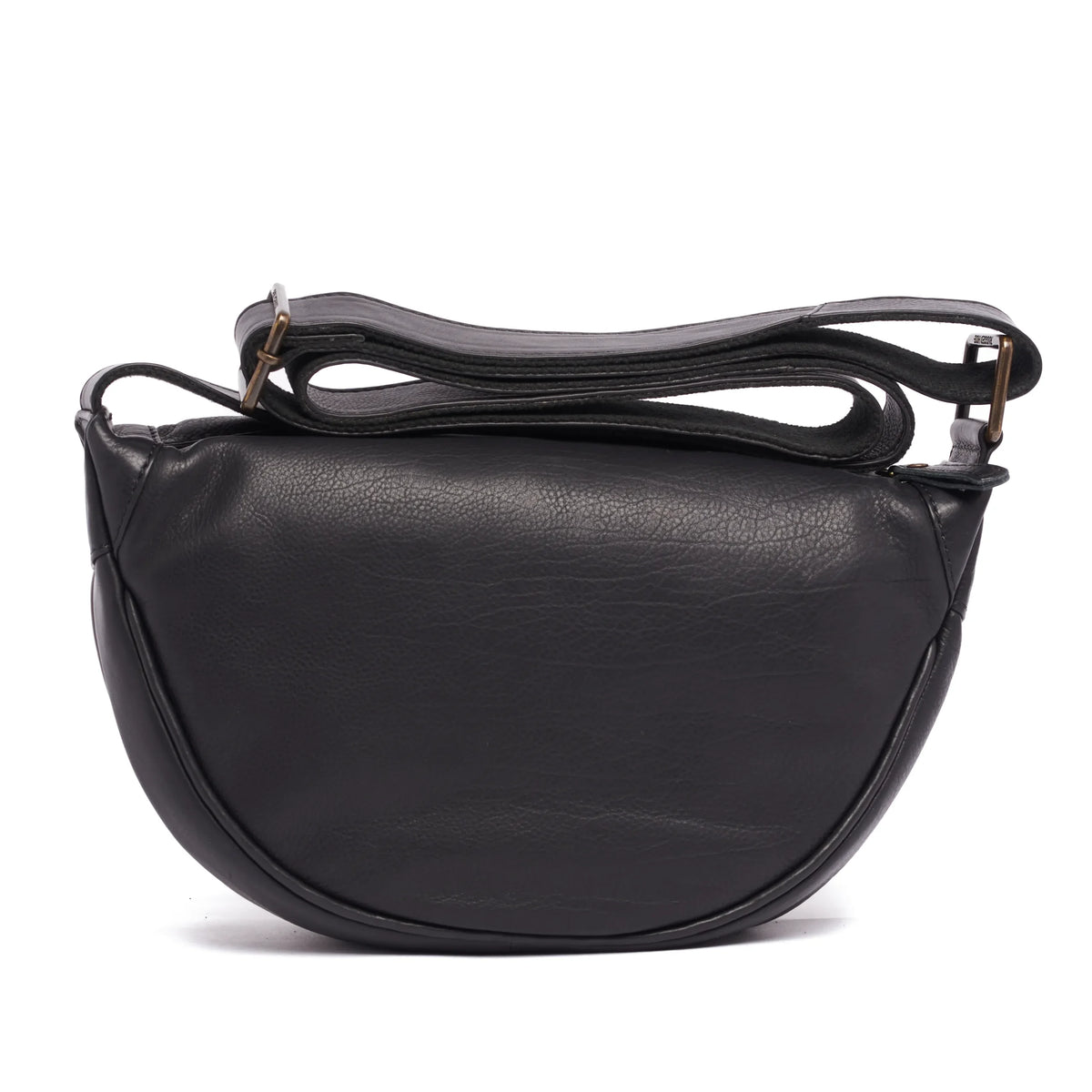 Black leather half-moon cross body bag, the strap gathered above it
