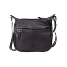 Back of the black sling bag in smooth leather, with a zip pocket across it