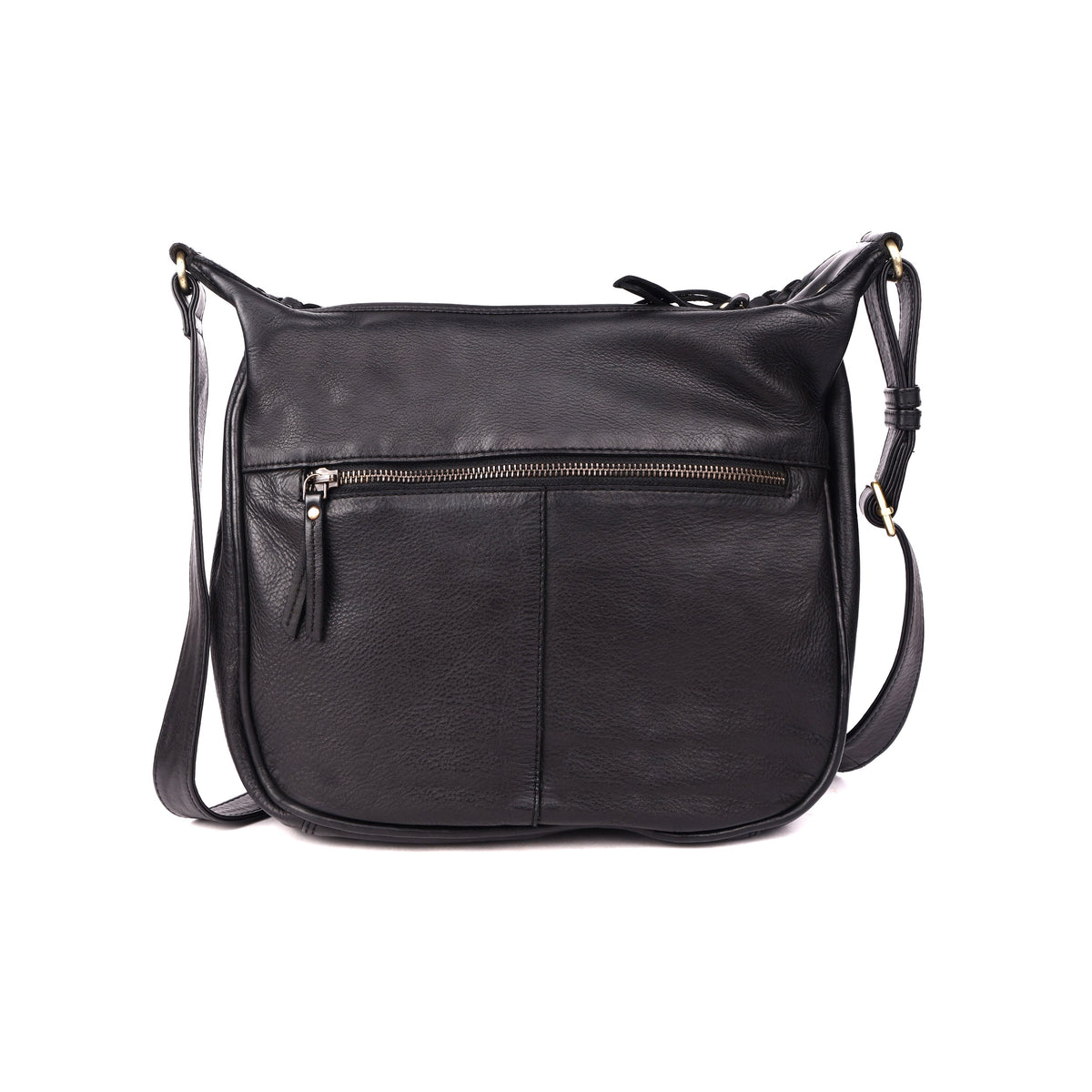Back of the black sling bag in smooth leather, with a zip pocket across it