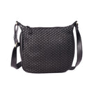 Black woven leather sling bag from the front, with a rounded base and long strap