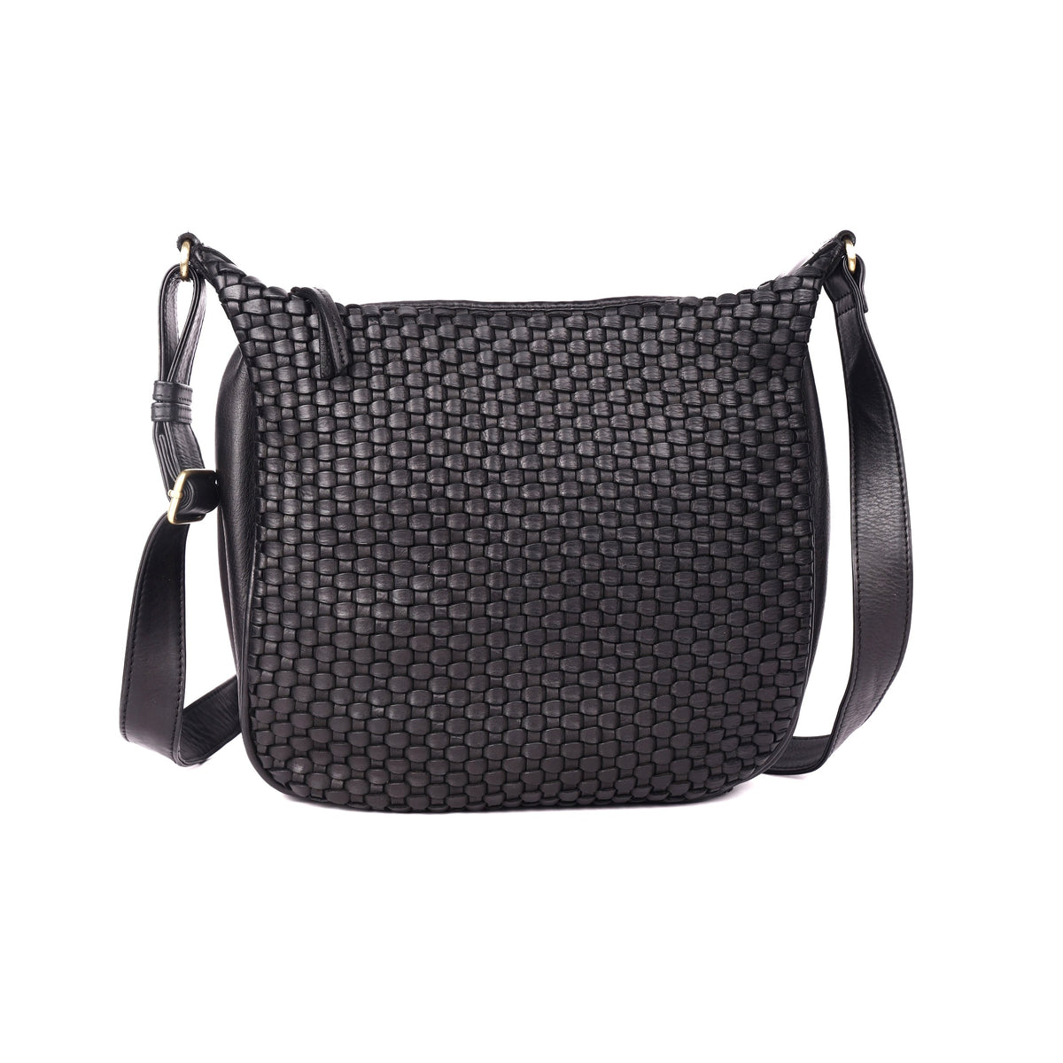Black woven leather sling bag from the front, with a rounded base and long strap