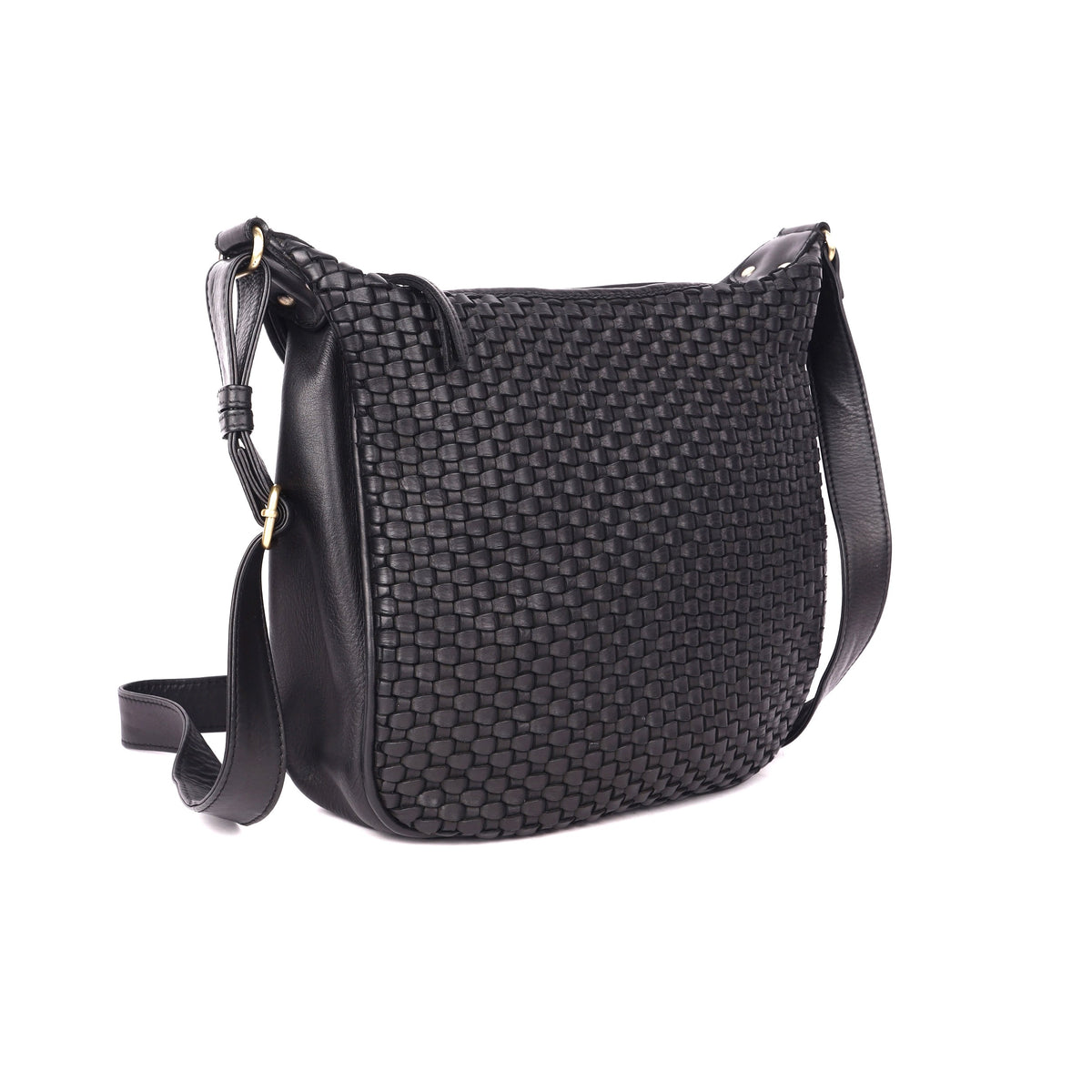 Black woven sling bag angled to the side, showing the weave and the strap fixing