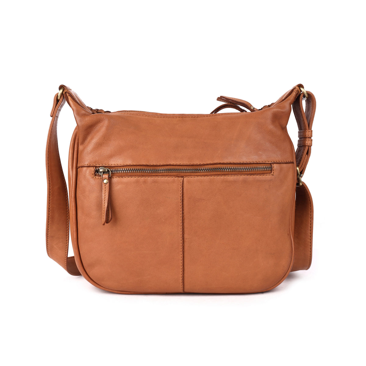 Back of the tan sling bag in smooth leather, with a zip pocket across it