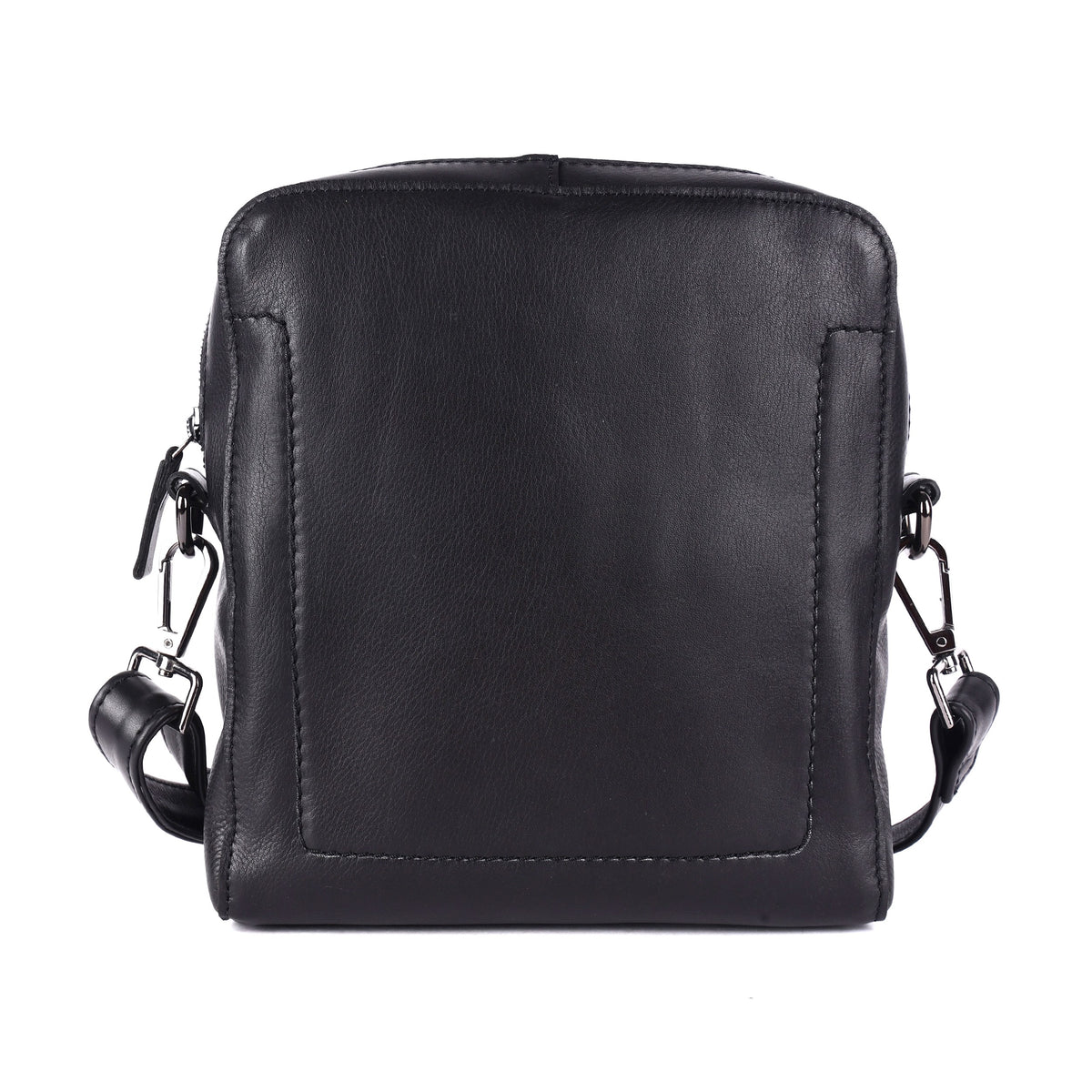 Black sling bag from the front, with the stitched panel on the front