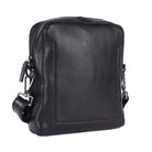 Black sling bag angled, showing the side seam and strap clip