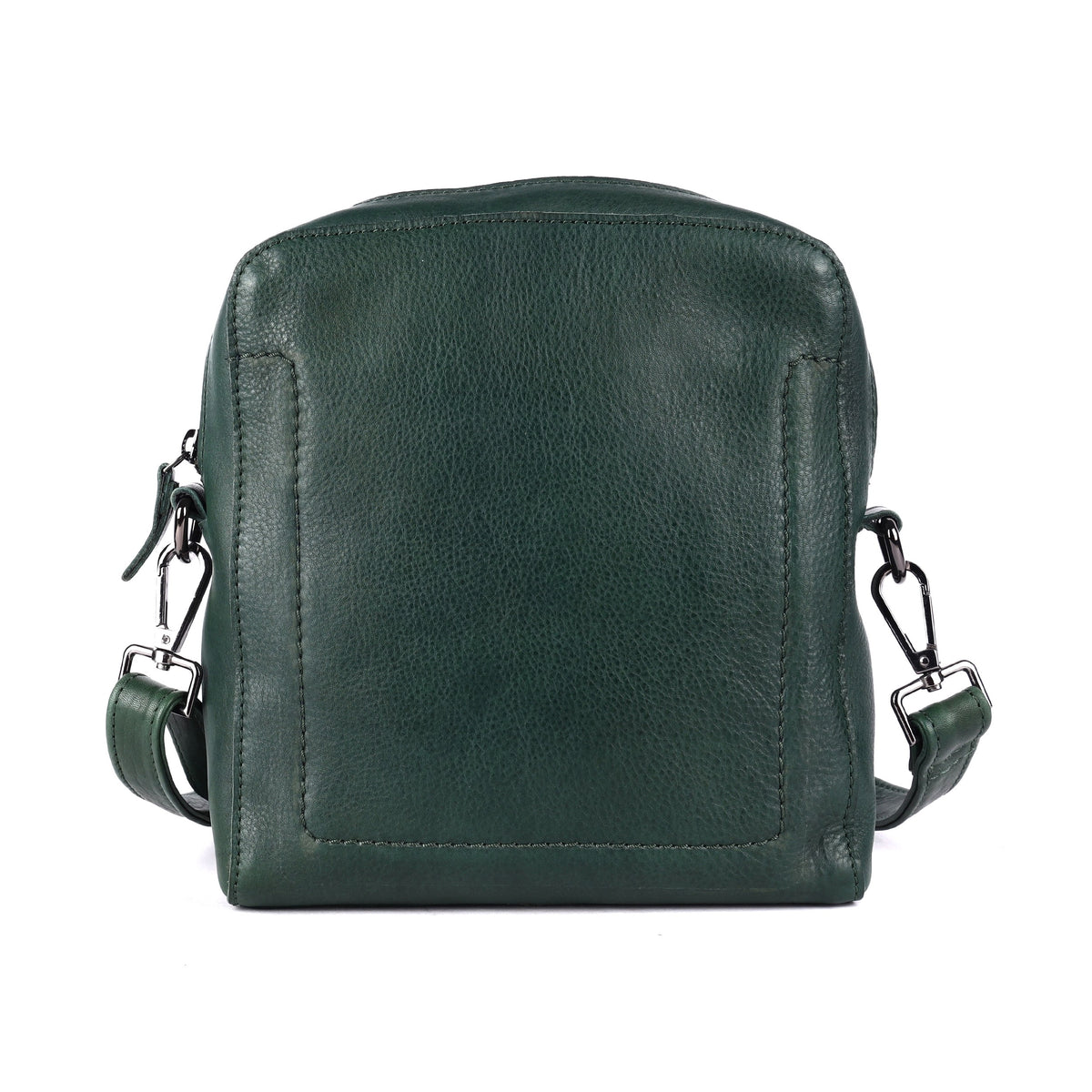 Green sling bag from the front, with the stitched panel on the front
