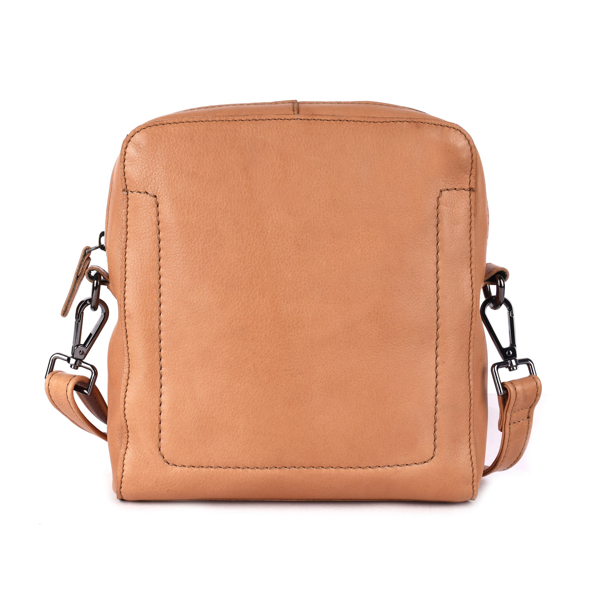 Nude sling bag from the front, with the stitched panel on the front