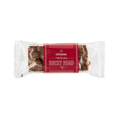 Milk chocolate rocky road bar in a clear wrapper with a red Chocamama label band