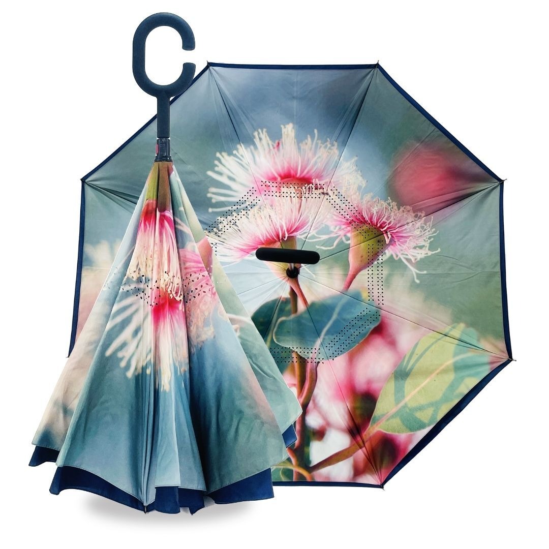 Reverse umbrella in Australian Gumnut Flower design with photographic pink gum blossoms under the canopy