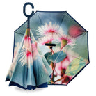 Reverse umbrella in Australian Gumnut Flower design with photographic pink gum blossoms under the canopy