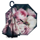 Reverse umbrella in Vintage Roses design with blush peony blooms filling the canopy