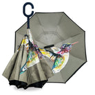 IOco UPF50+ reverse umbrella with Dani Till hummingbird watercolour inside a grey canopy