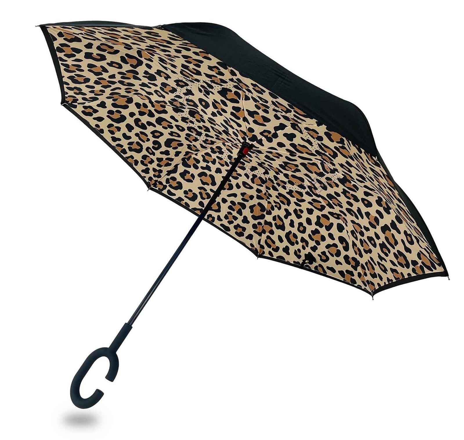 Reverse umbrella in Leopard print with black exterior, shown standing on its points