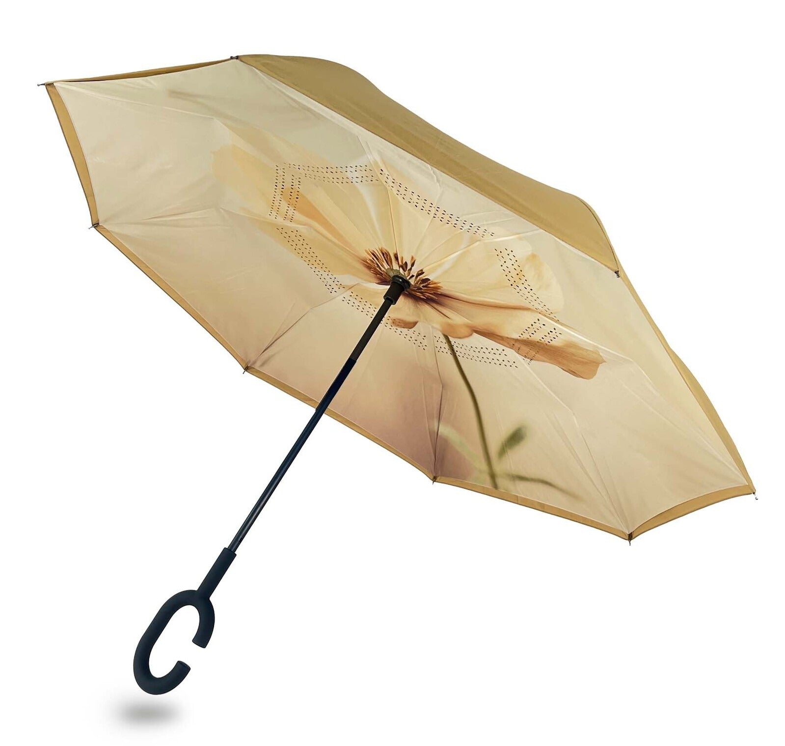 Reverse umbrella in Golden Poppy design with a single poppy inside a golden canopy