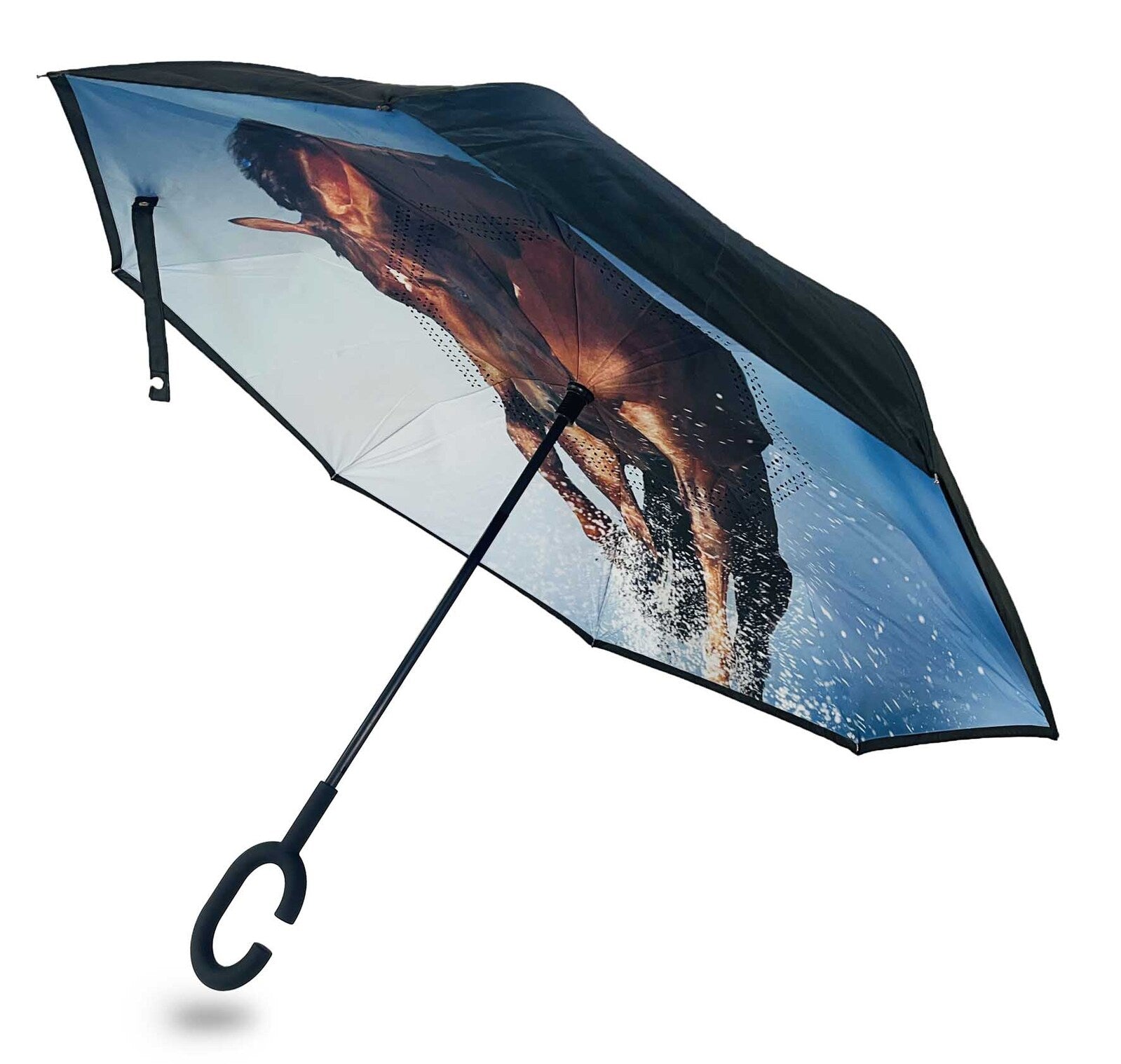 Bay Mare reverse umbrella held open on its side, with a black outer canopy and C-hook handle