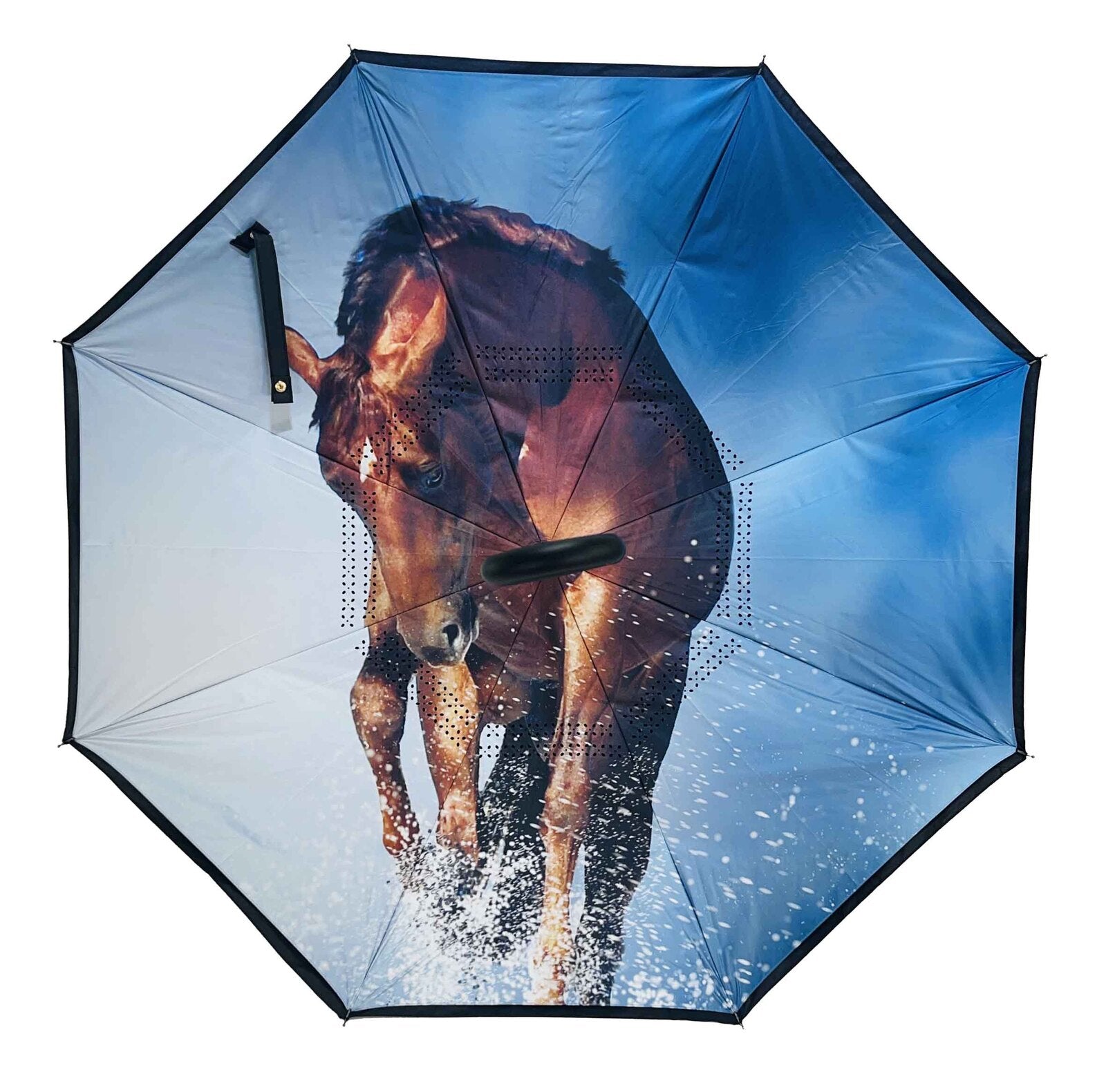 Reverse umbrella in Bay Mare design, a bay horse galloping through water printed inside a blue sky canopy