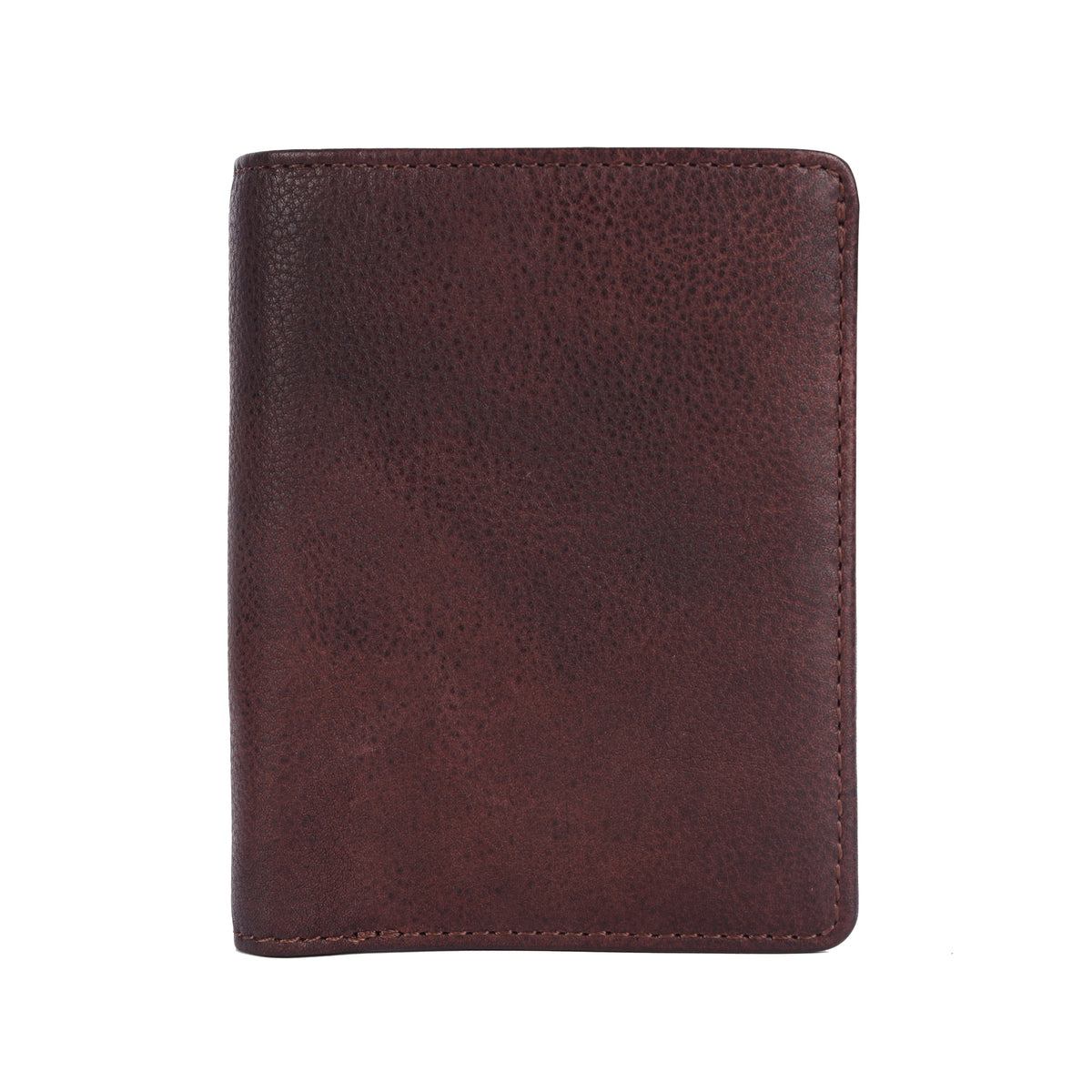 Zip/Notes card holder in Brown: a closed dark brown pebbled leather card holder, shown from the front on white.