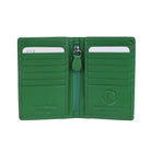 Green leather card holder open, showing twelve card slots and a centre zip pocket