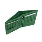 Green leather card holder open at an angle, showing the note section behind the card slots