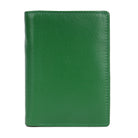 Closed green leather card holder showing the pebbled grain