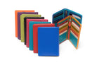 Rainbow of leather bi-fold card holders fanned out, one open showing its card slots