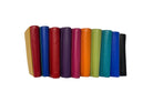 Row of leather card holders standing on edge in a dozen colours
