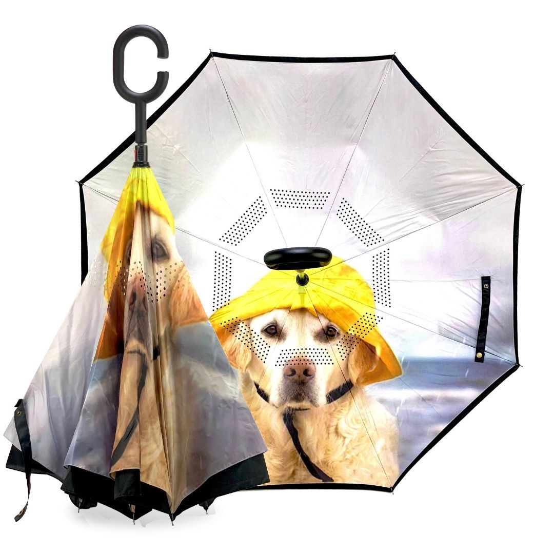 Reverse umbrella in Rain Dog design showing a labrador in a yellow rain hat printed inside