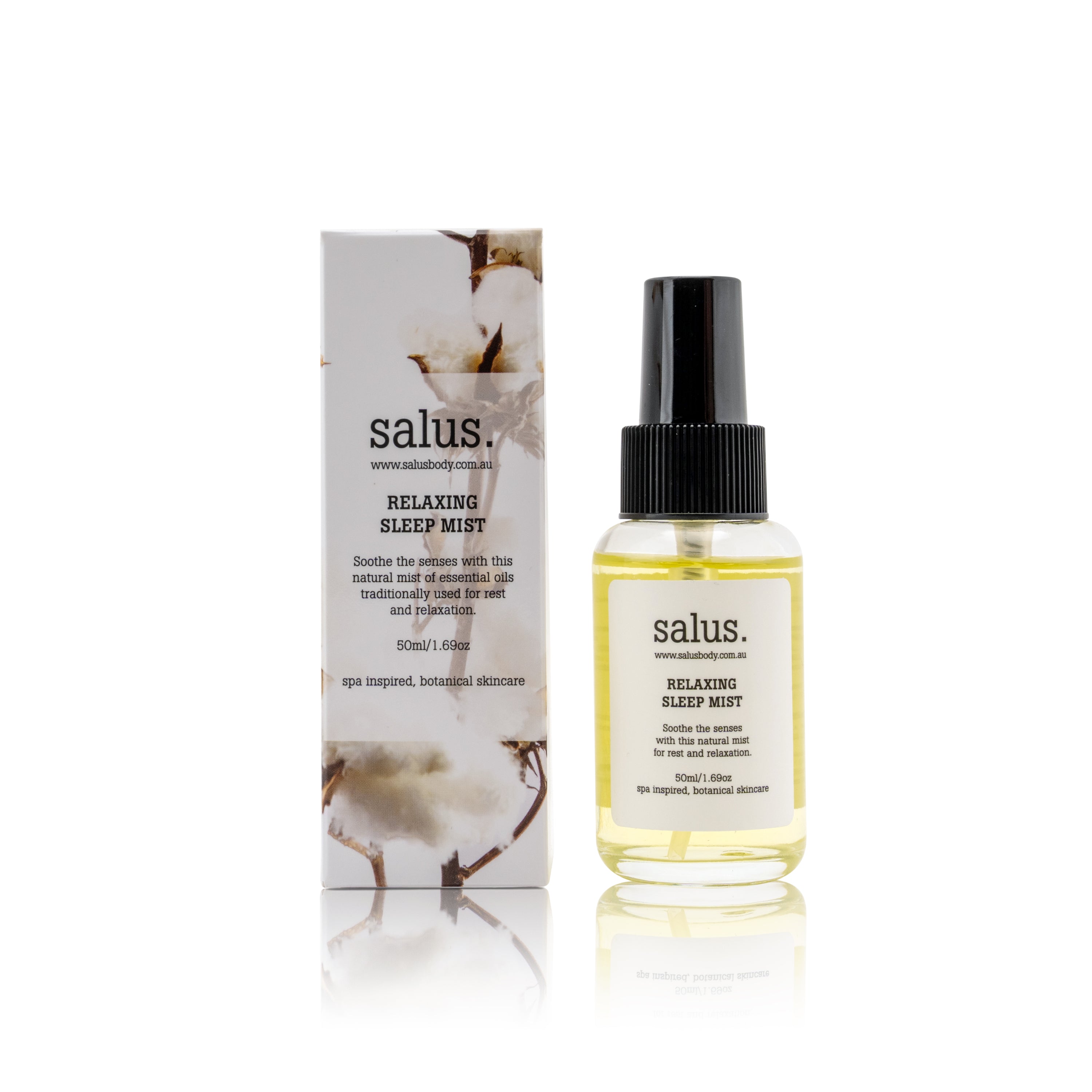 Salus Relaxing Sleep Mist 50ml bottle beside its cotton flower gift box