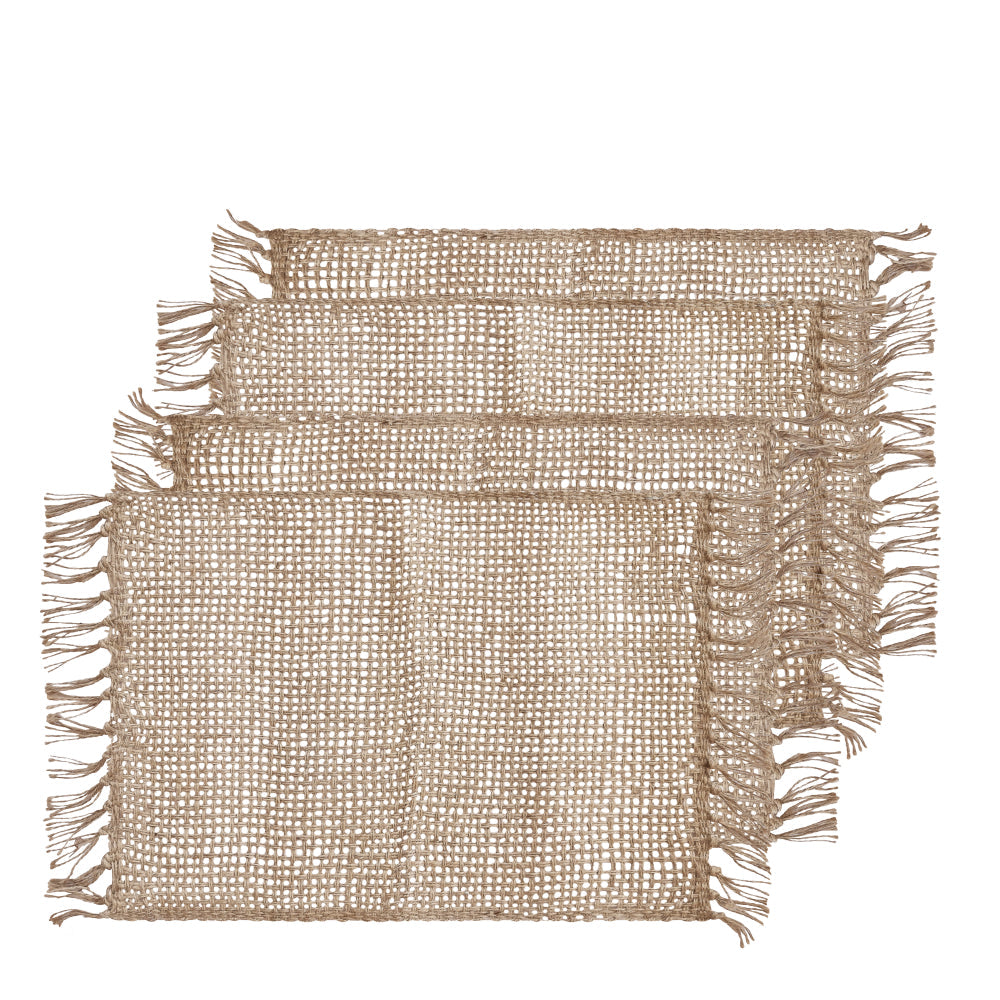 Set of four Rowan jute placemats with open weave and fringed ends, fanned in a stack