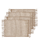 Set of four Rowan jute placemats with open weave and fringed ends, fanned in a stack