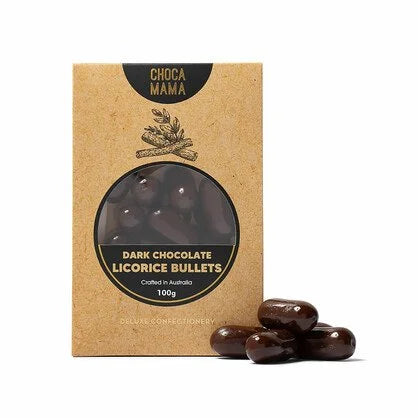 Kraft Chocamama box of dark chocolate licorice bullets with a round window, loose bullets in front