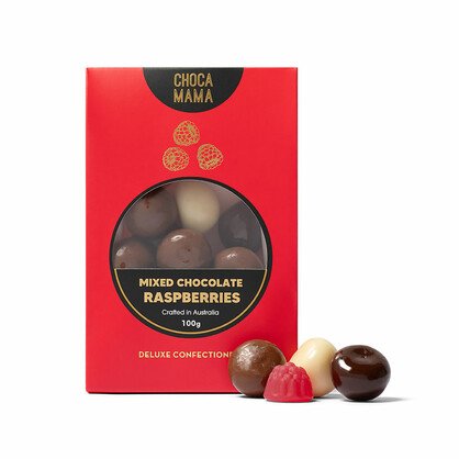 Chocamama mixed chocolate raspberries box with milk, white and dark pieces and a raspberry jelly in front