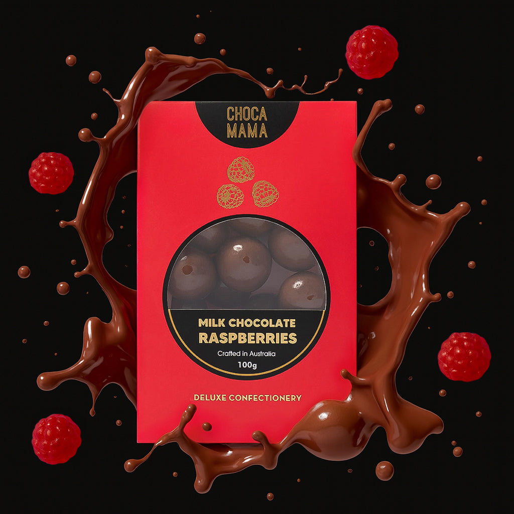 Milk chocolate raspberries box against a splash of chocolate with raspberries