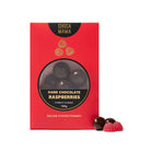 Chocamama dark chocolate raspberries box with a chocolate and a raspberry jelly in front