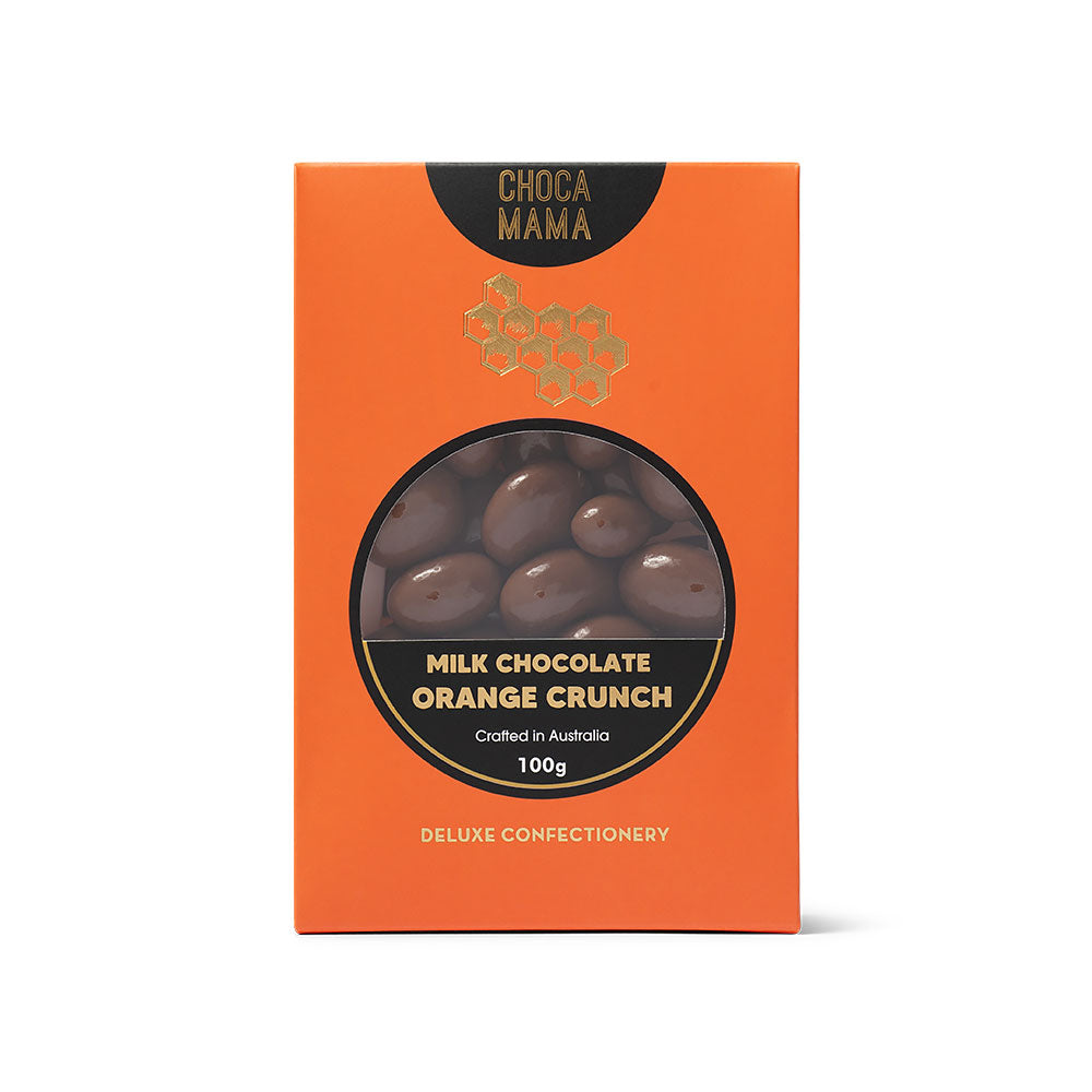 Bright orange milk chocolate orange crunch box with a gold honeycomb emblem, front view