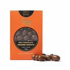 Orange Chocamama box of milk chocolate orange crunch with a round window, loose chocolate pieces in front