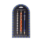 Three printed ballpoint pens, stripe, check and star, clipped to an arched navy and green card