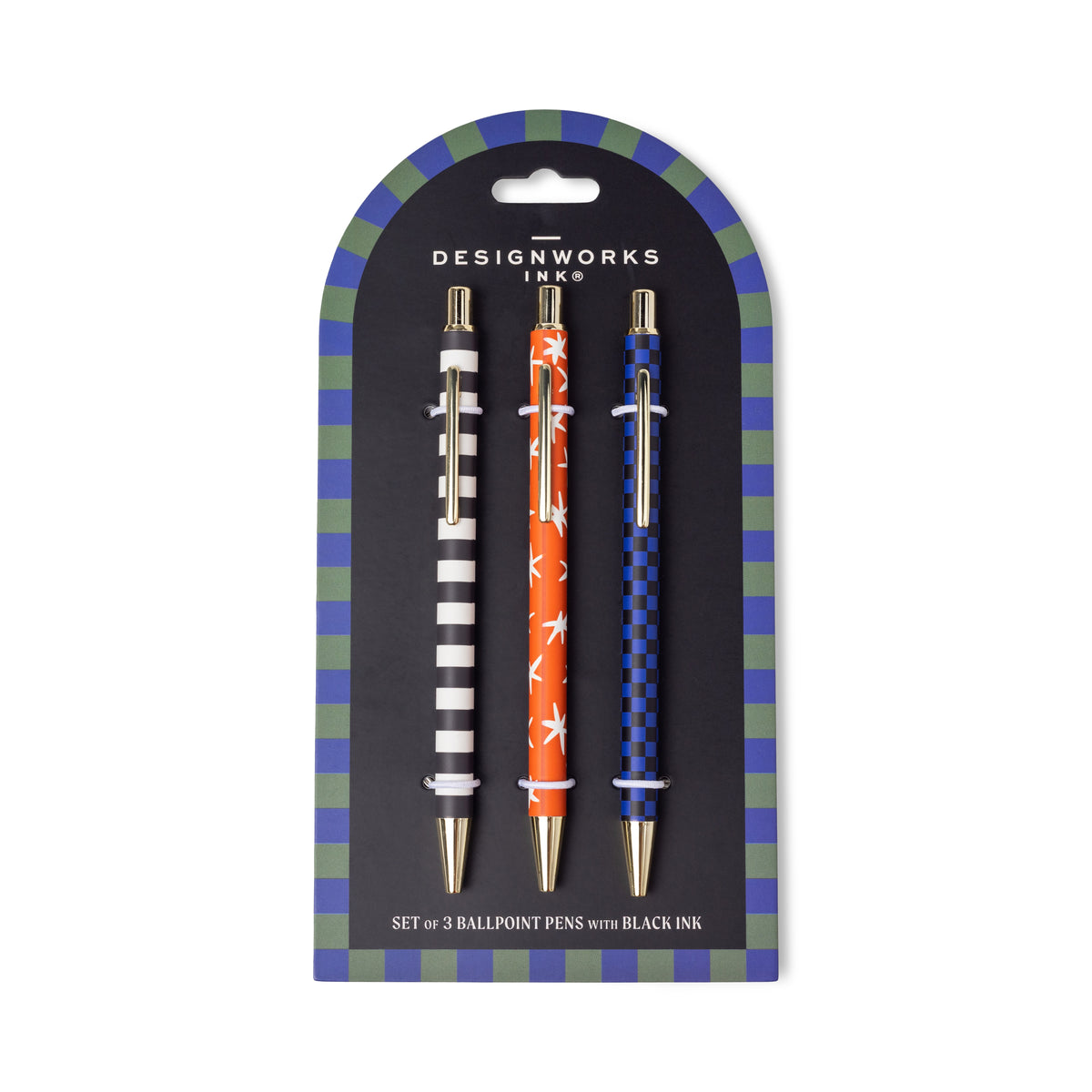 Three printed ballpoint pens, stripe, check and star, clipped to an arched navy and green card