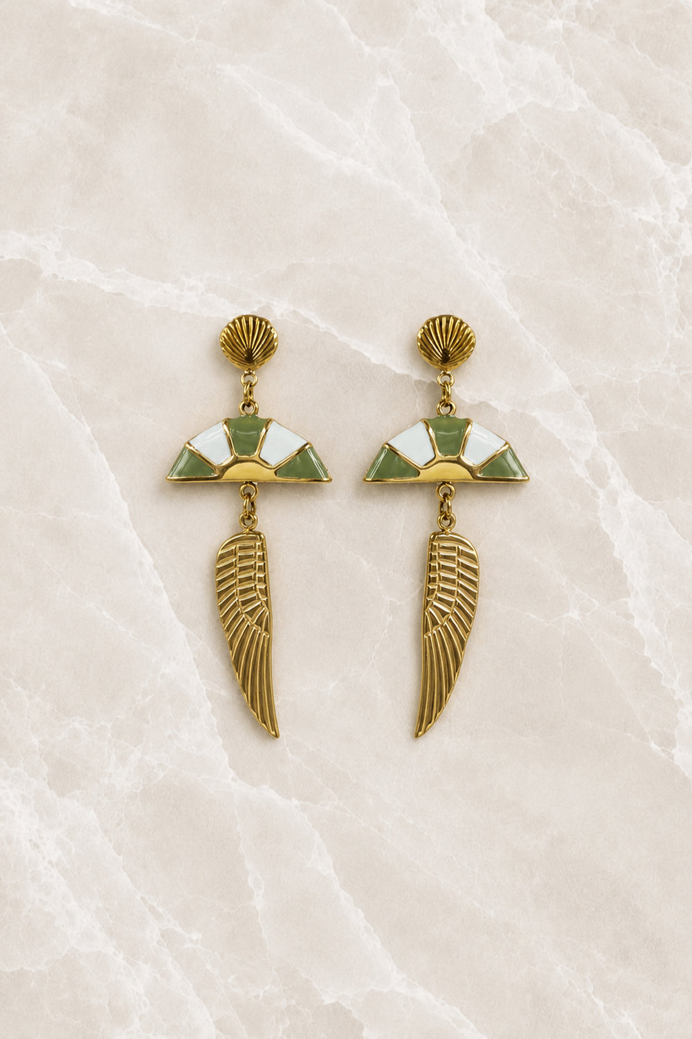 Long gold stud earrings with a shell top, a white and sage green enamel fan, and a fluted gold wing drop