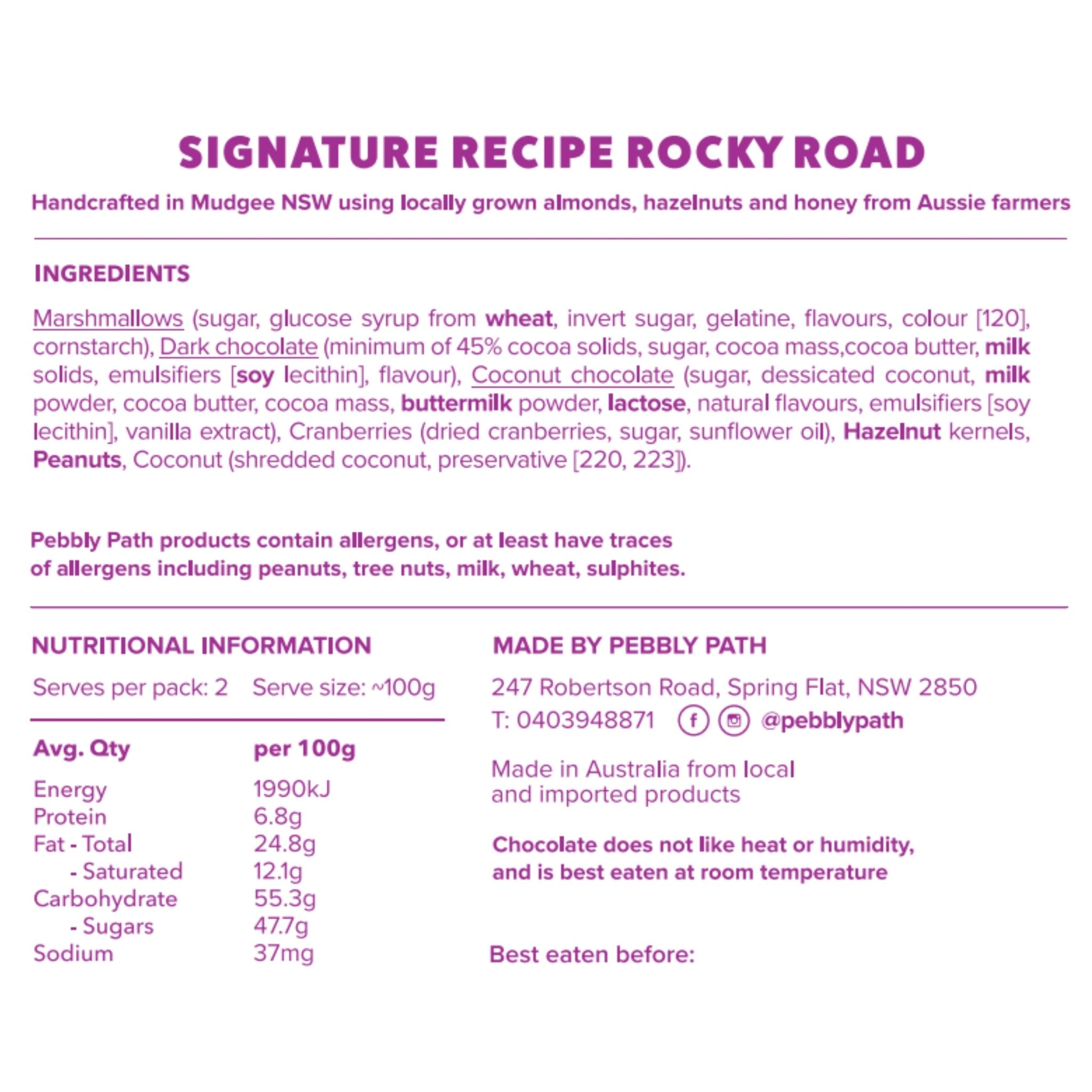 Back-of-box panel for Signature Recipe rocky road: ingredients, allergens and nutrition information