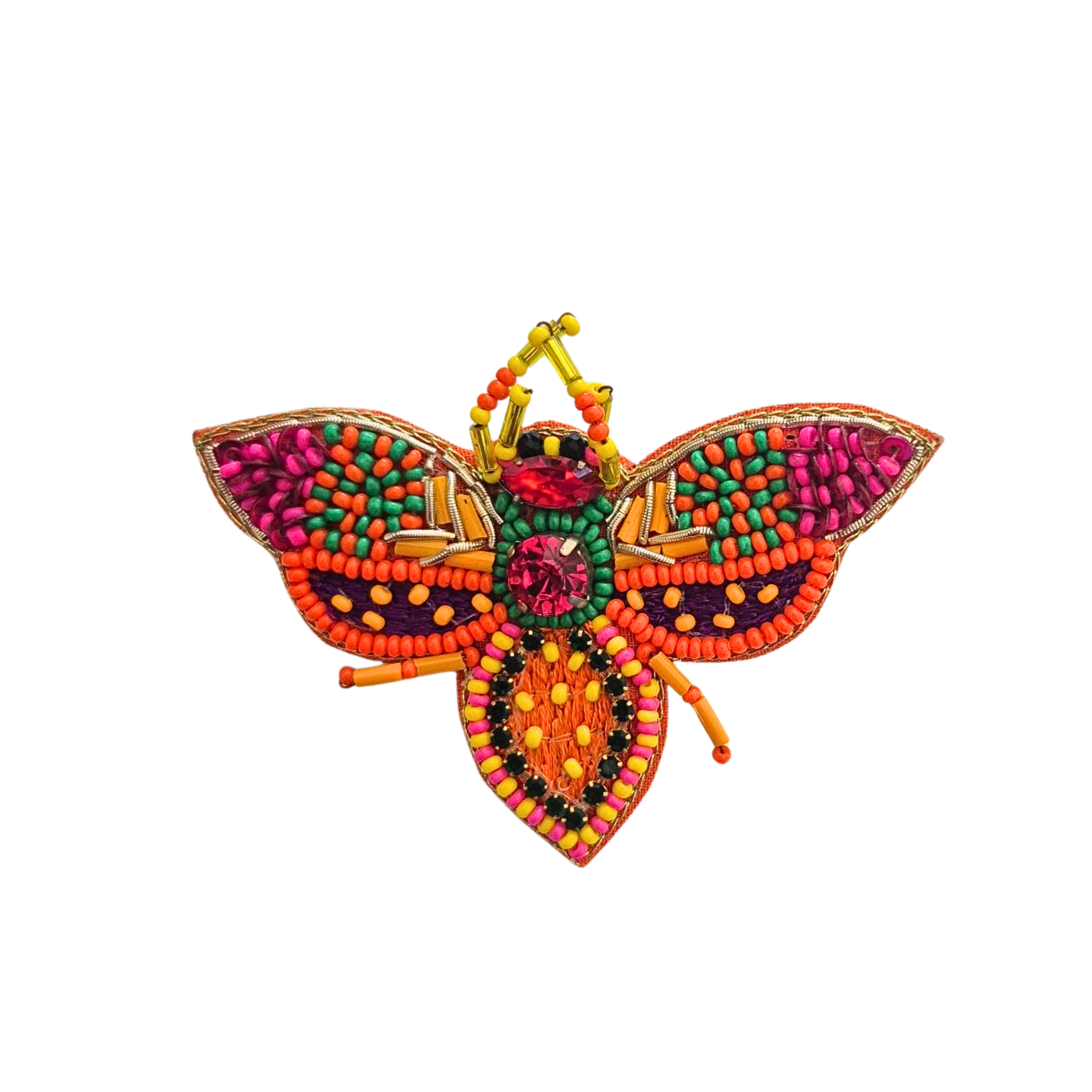 Hand-beaded butterfly brooch with pink, orange, green and gold wings and a jewelled body.