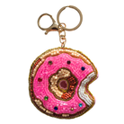Hand-beaded keyring shaped like a pink-glazed doughnut with a bite taken out and coloured sprinkles, on a gold-tone ring and clip.