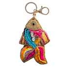Hand-beaded fish keyring in gold, pink, teal and orange beads with a gold-tone ring and clip.